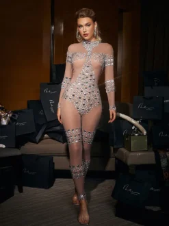 Zelie Rhinestone Embellished Mesh Jumpsuit