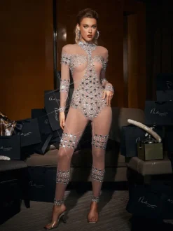 Zelie Rhinestone Embellished Mesh Jumpsuit