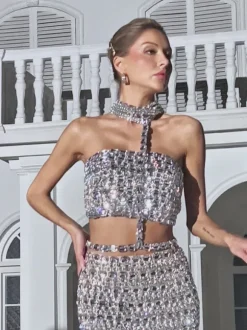 Zelie Rhinestone Skirt Set In Silver
