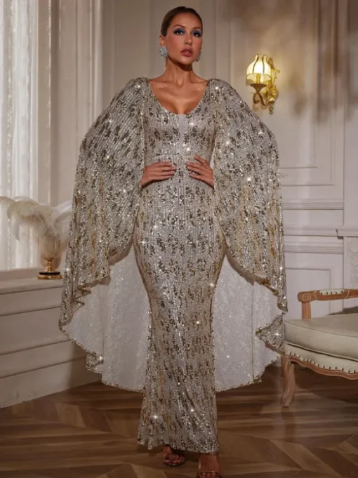 Zephyrus Draped Sleeve Sequin Maxi Dress