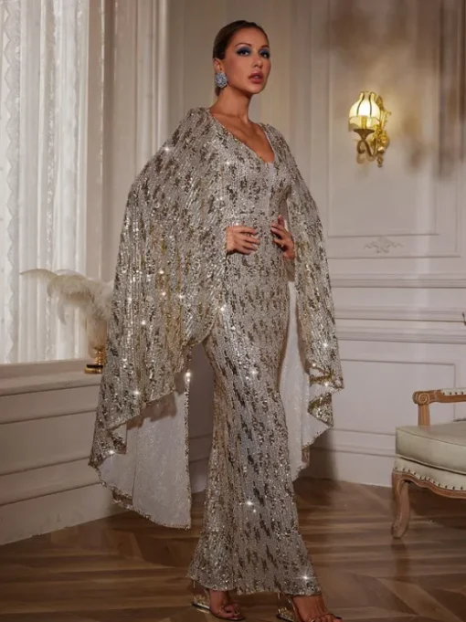 Zephyrus Draped Sleeve Sequin Maxi Dress