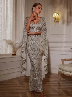 Zephyrus Draped Sleeve Sequin Maxi Dress