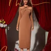 Zisa Long Sleeve Twisted Dress In Brown