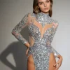 Zoravell Sequin Mesh Bodysuit In Silver