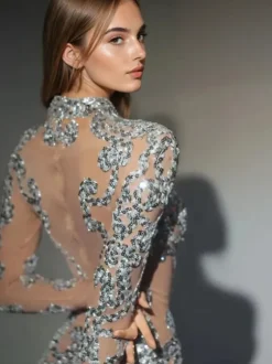 Zoravell Sequin Mesh Bodysuit In Silver