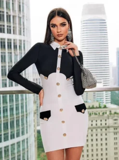 Zsiga Folded Collar Button Bandage Mini Dress