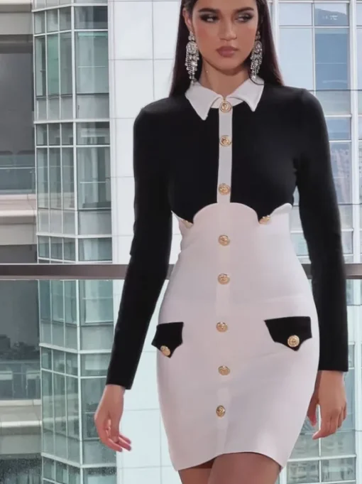 Zsiga Folded Collar Button Bandage Mini Dress