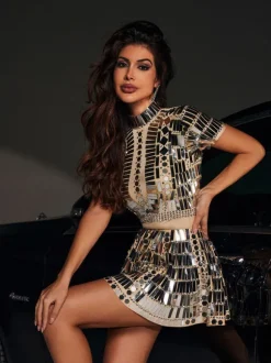 Zuleika Short Sleeve Acrylic Mini Dress In Silver